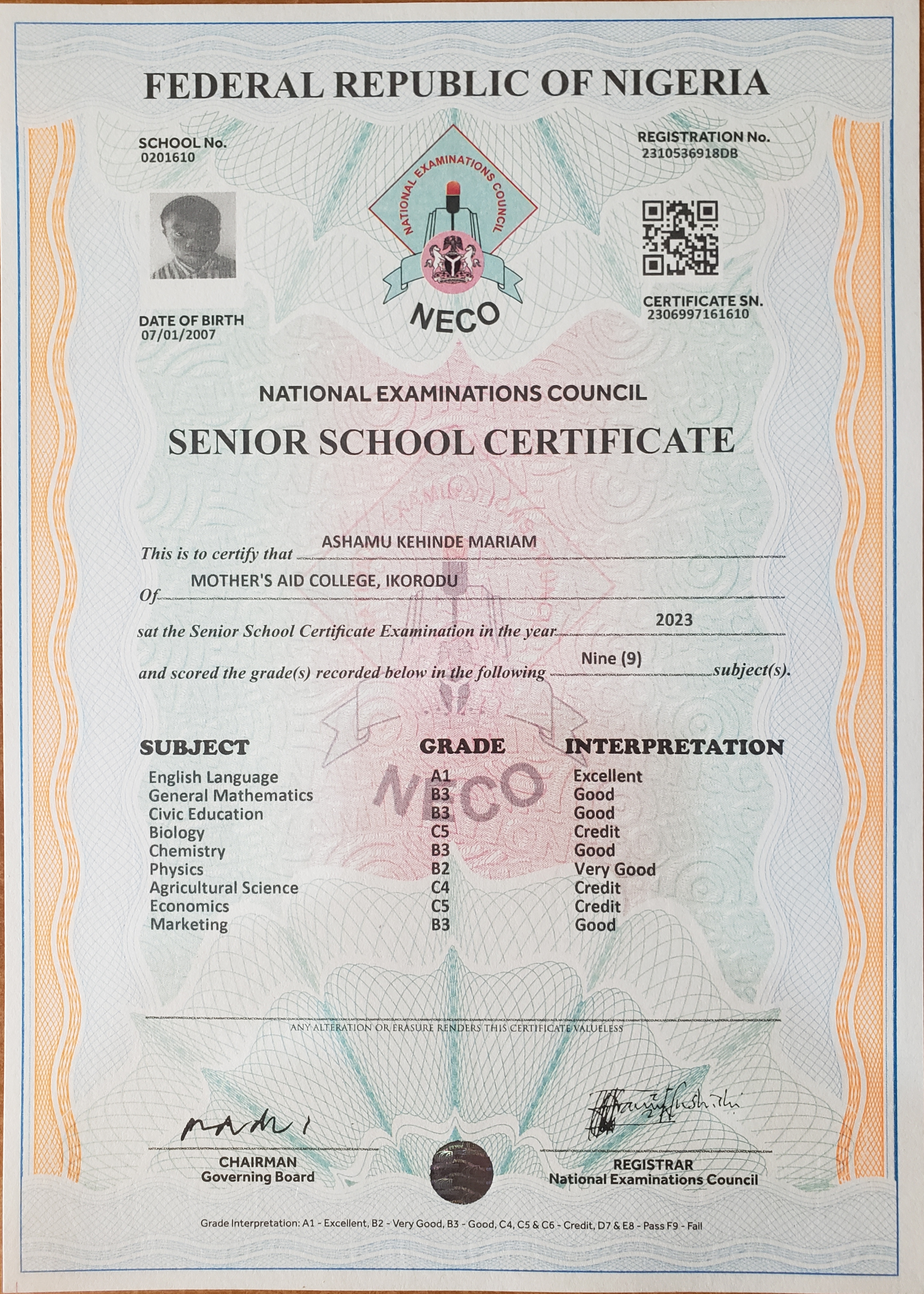 Ashamu Mariam's WAEC Result