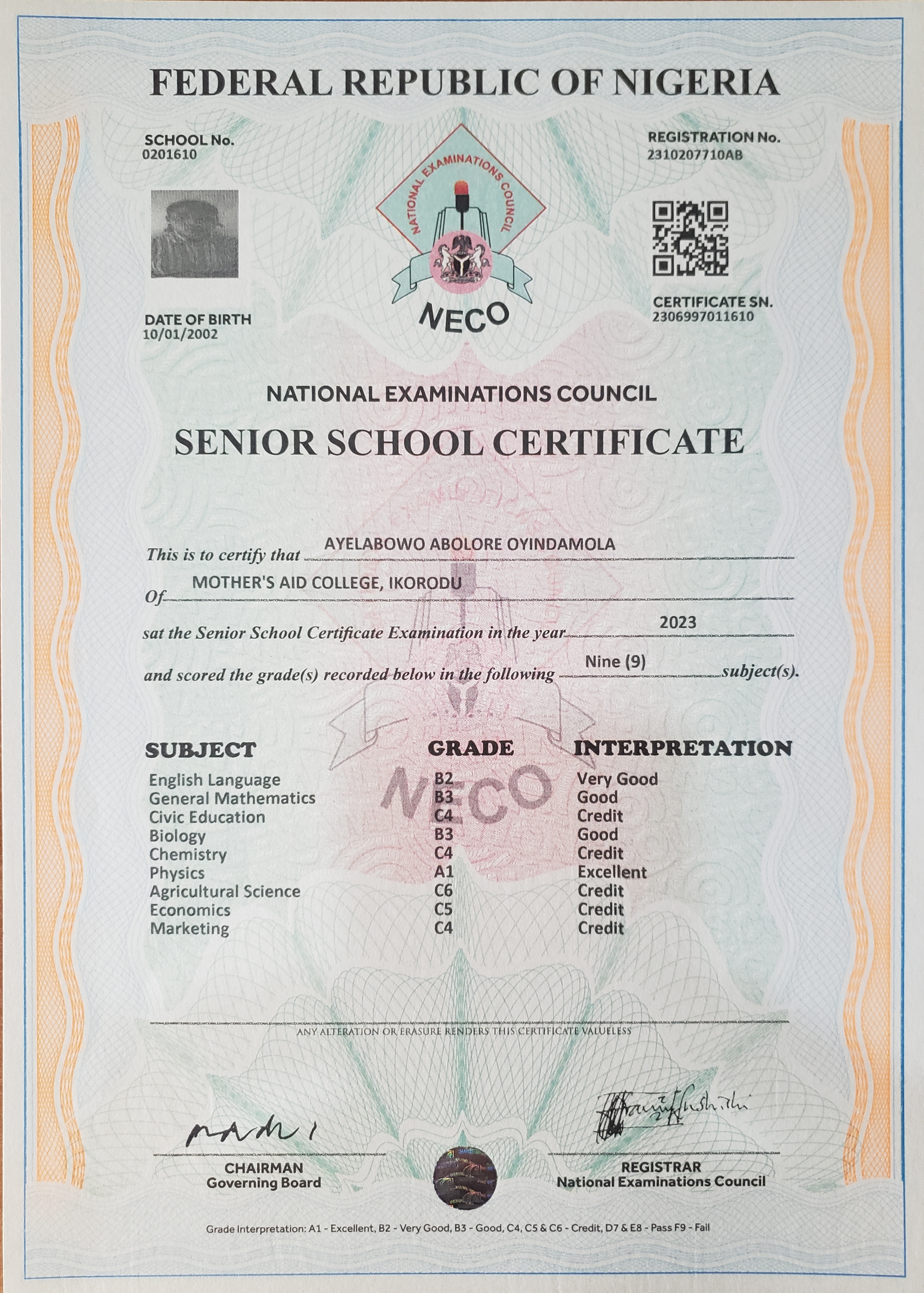 Ayelabowo Oyindamola's WAEC Result