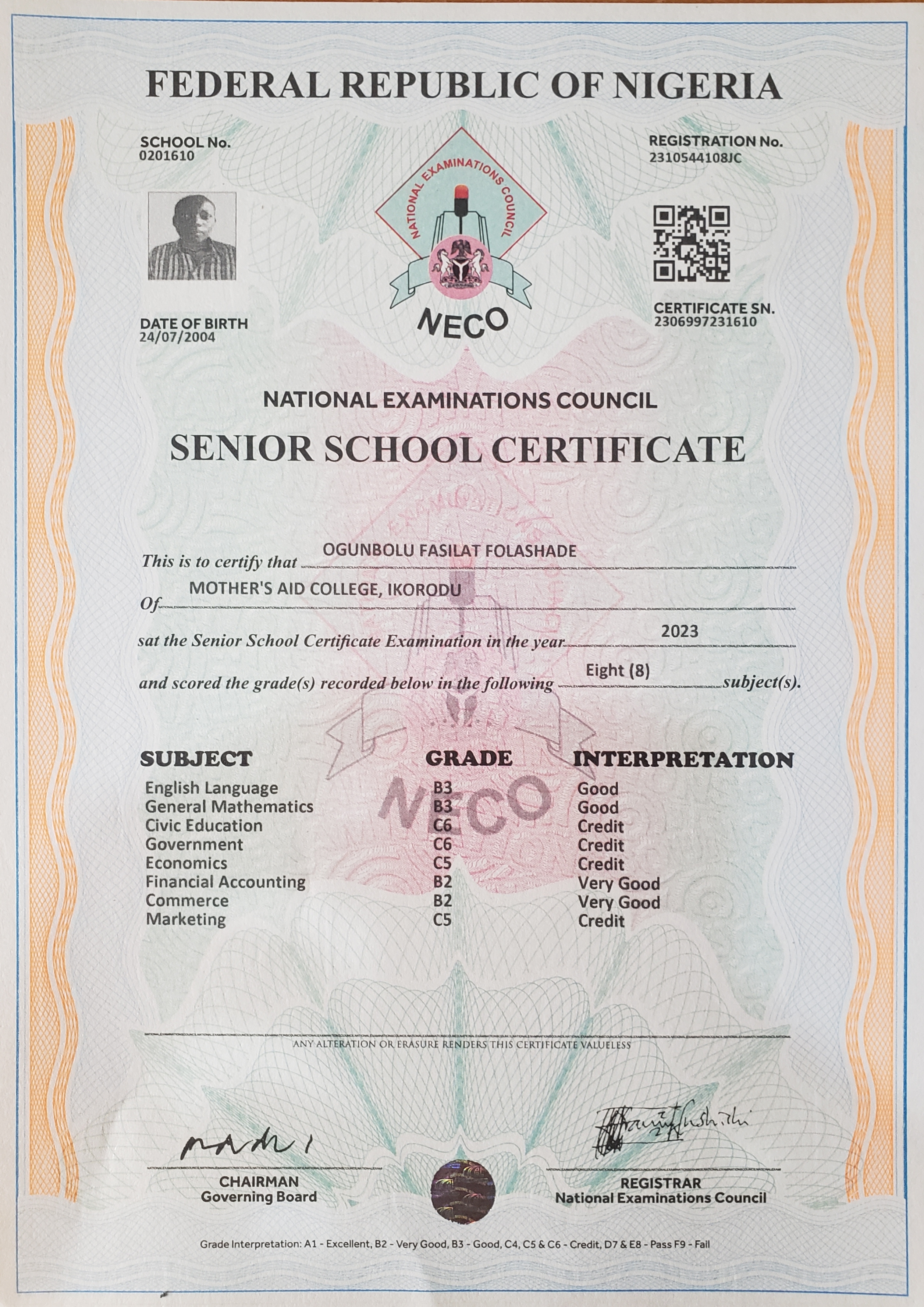 Ogunbolu Folashade's WAEC Result