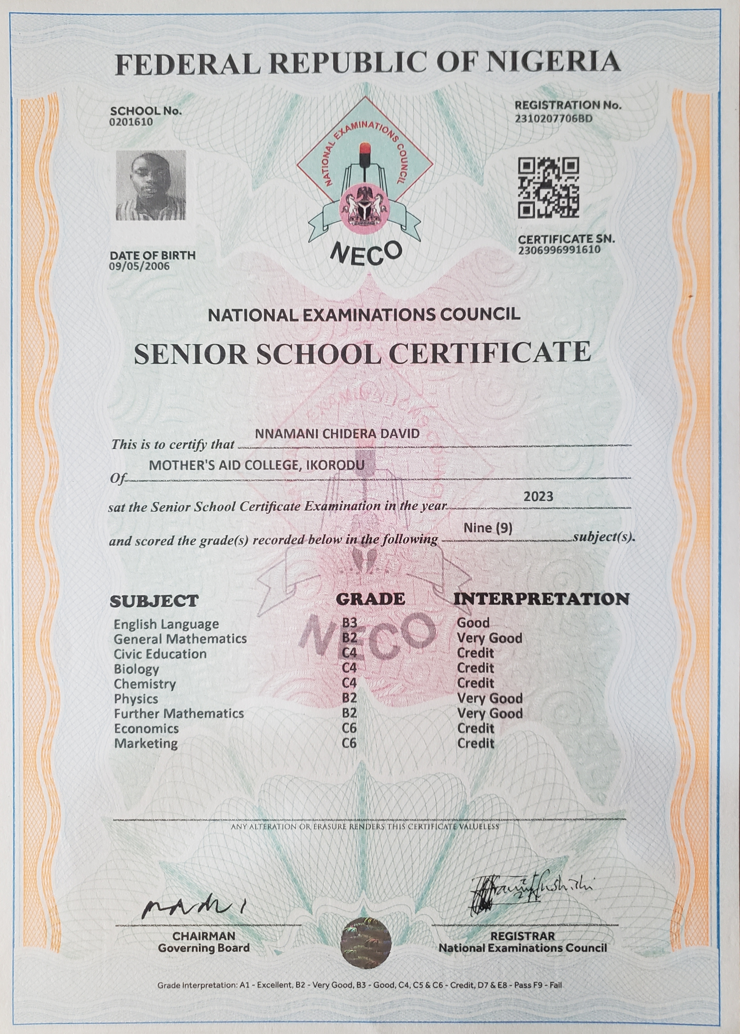 Nnamani David's WAEC Result