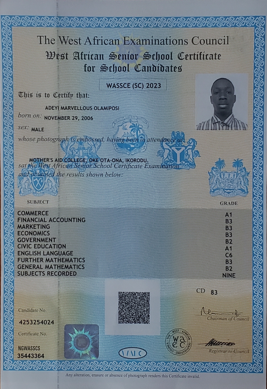 Adeyi Marvellous's WAEC Result