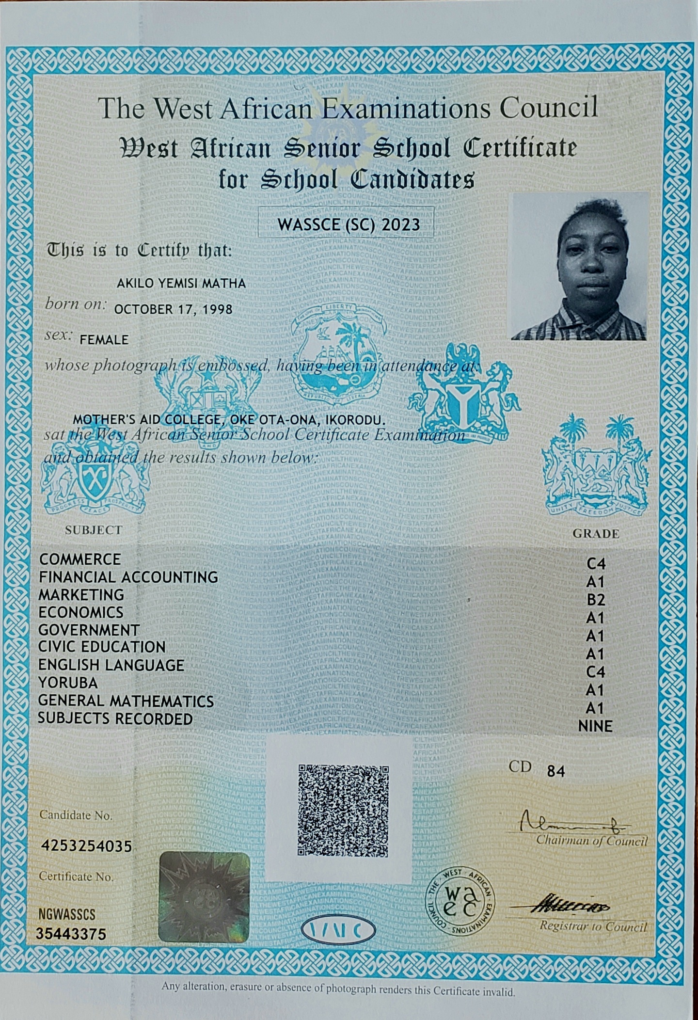 Akilo Yemisi's WAEC Result