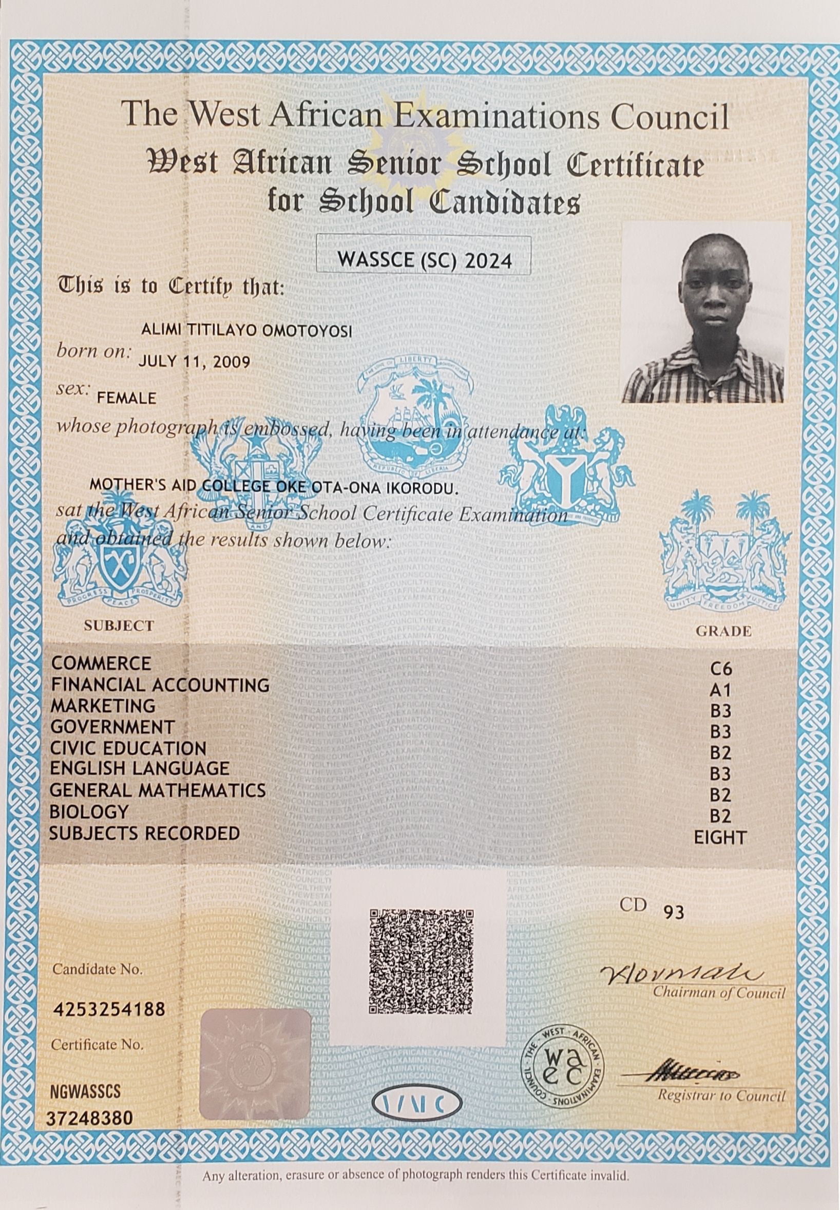 Alimi Titilayo's WAEC Result