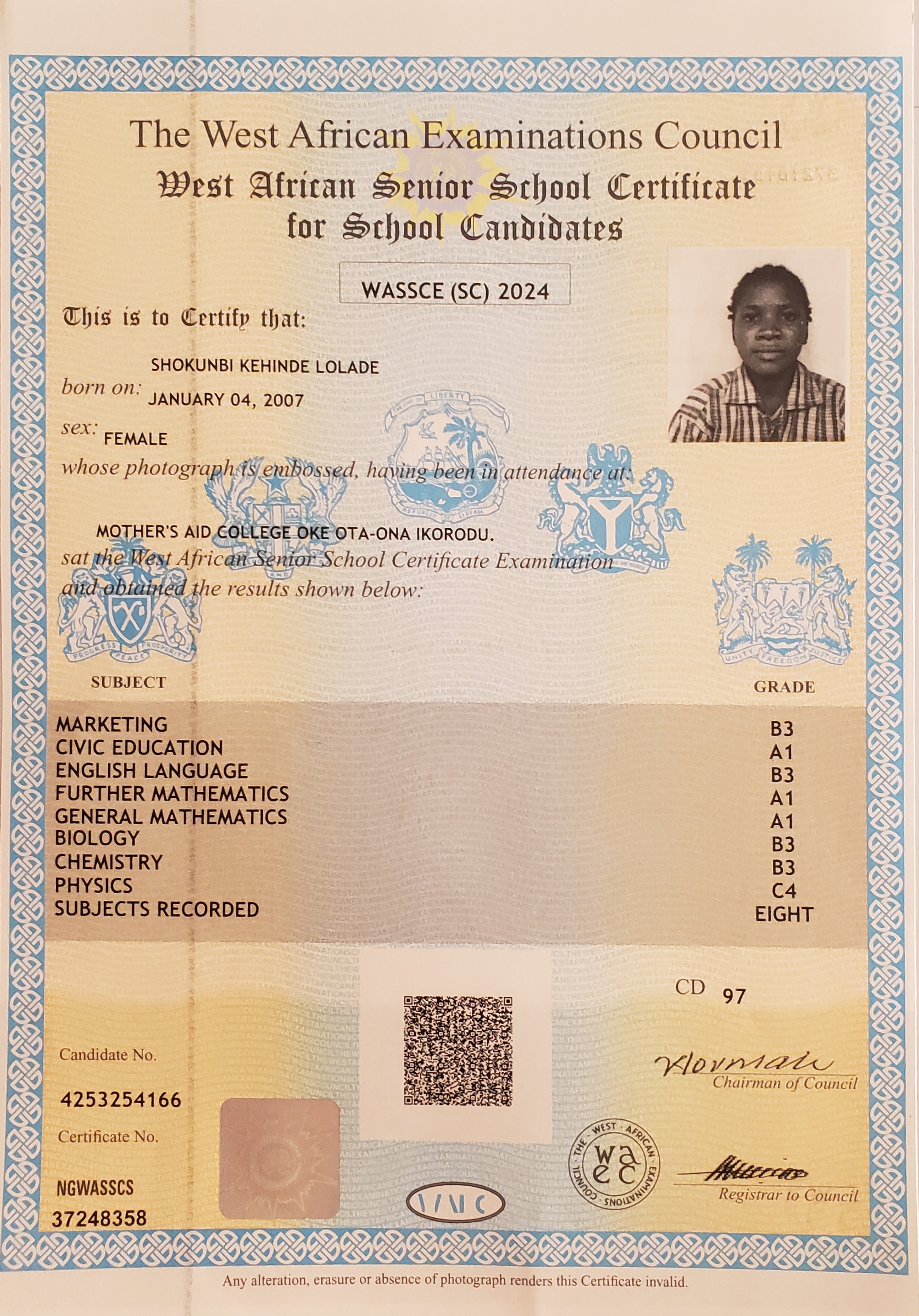 Shokunbi Kehinde's WAEC Result